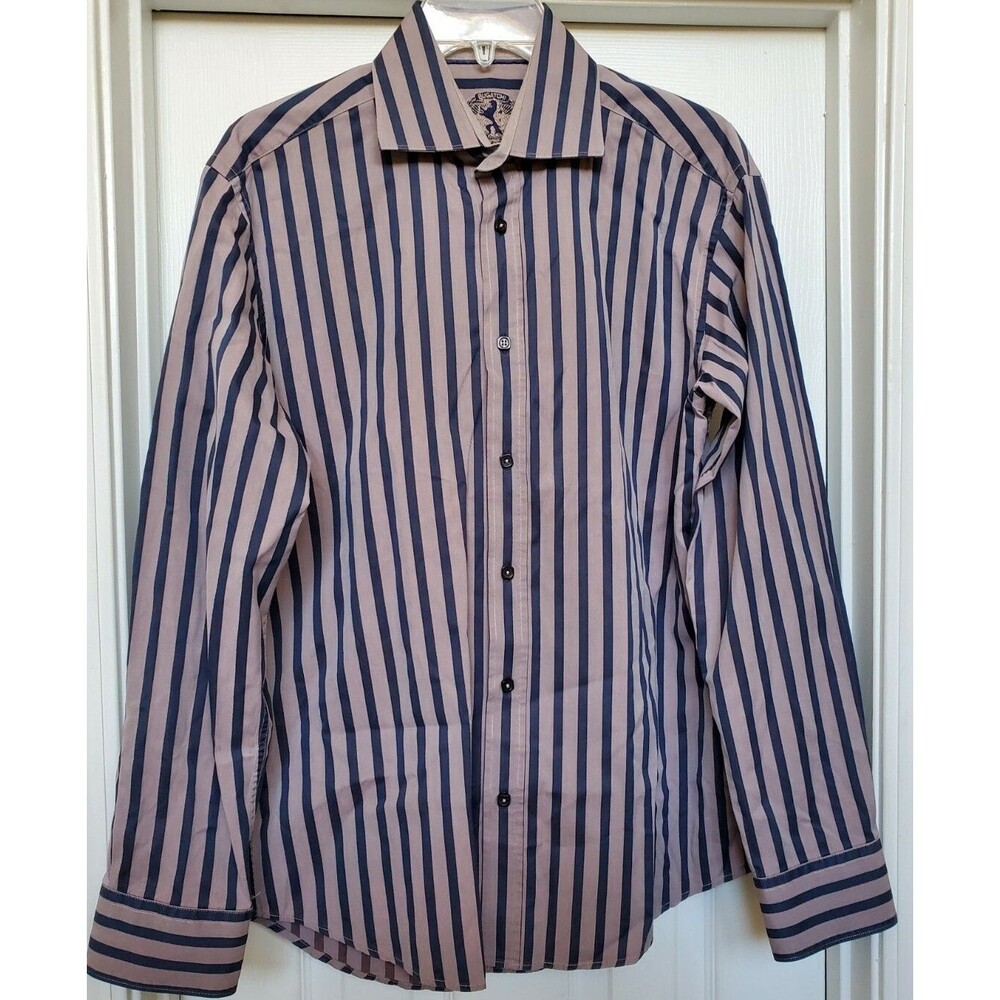 BUGATCHI Men's Gray & Navy Blue Striped LS Shaped Fit Flip Cuff Shirt sz Medium